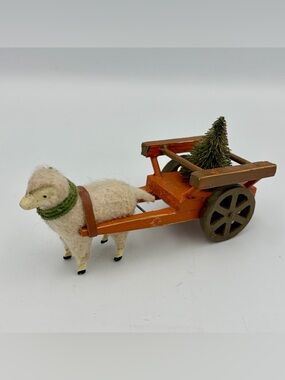 Antique Vintage German Putz Wooly Stick Leg Sheep W/ Cart & Bottle Brush Tree